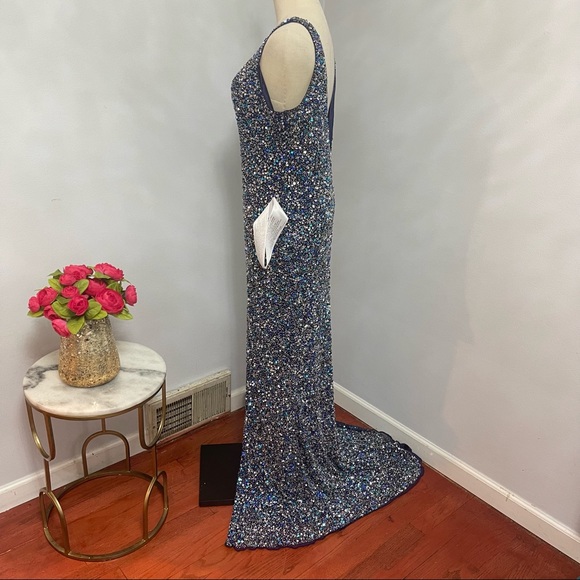 # Mac Duggal Navy / Blue Sleeveless Sequin Embellished Sheath Gown W/ High Slit - Picture 7 of 15
